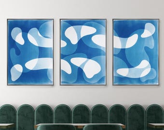 Blue Floating Mobile III / Unique Handmade Monotype Cyanotype on Watercolor Paper / 2025