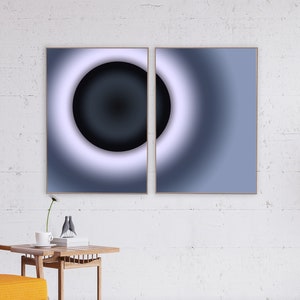 2023, The Eclipse, Black and White, Hue Gray Tones of Black Hole Space, Diptych, Abstract Geometric Landscape, Space Age, Limited Edition