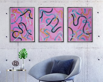 2022, Violet Art Nouveau Moulding, Cold Tones Brush Strokes Triptychs, Organic Gestures in Blue and Pink