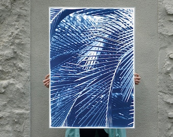 Majesty Palm Pattern, Tropical Leaves Garden, Cyanotype Print, Limited Edition, Artisan Made, Blue Tones, Plants Lover