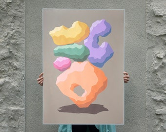 Modern Sculpture, Abstract Pastel Tones Shapes on Beige, 3D Render Totem in Pink, Orange, Yellow, Green, Garden Sculpture