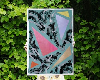 2021 Geometric Modern Futurism, Original Painting on Paper in Primary Tones, Abstract Geometric Shapes, Black, Green and Purple