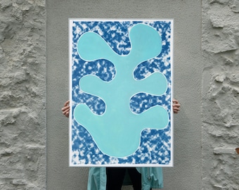 Turquoise Lead Cutout, Mixed Media of a Botanical Cyanotype Print, Original Painting on Paper, Leaf Shape,  Abstract Botanical, Modern Home
