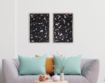 Black Terrazzo Confetti / Acrylic Painting Diptych on Watercolor Paper / 2022