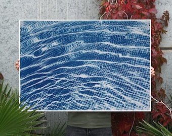 Art Deco Swimming Pool: Large Cyanotype, Abstract Modern Art, Zen Art, Large Abstract Art, Extra Large Painting, Geometric, Nautical Art