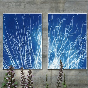 Large Diptych of Firework Lights, Blue and White City Lights, Minimal, Electrical Cyanotype on Watercolor Paper, Handmade, New Year's Eve image 1