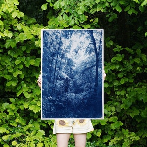 Soft Light in the Woods, Handmade Cyanotype Print on Watercolor Paper, Forest Landscape in Blue Tones, Vertical Zen Scene, Calming, 2021
