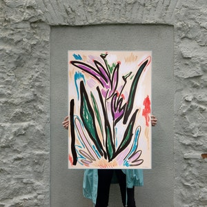 2023, Purple Tulips, Abstract Expressionist Blooming Flowers, Vigorous Brushstrokes in Black, Blooming Flowers, Chinese Ink