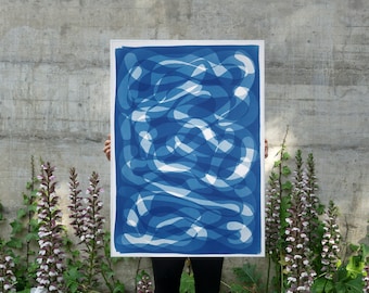 Blue Knots and Hoops I / Monotype - Cyanotype on Watercolor Paper