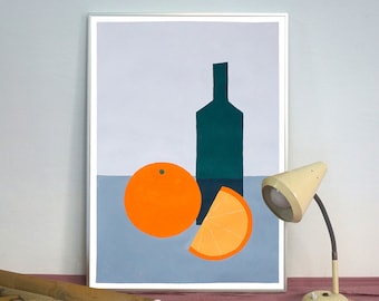 Wine Bottle with Oranges / Acrylic Painting on Watercolor Paper / 2023