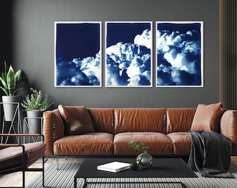 Looking Into The Clouds / Handmade Cyanotype Triptych on Paper / Limited Edition