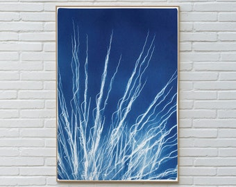 Glowing Fireworks Lights, Summer Night, Nocturnal Cyanotype Print on Watercolor Paper, 100x70 cm, Blue and White, Lights, Electrical Print