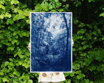 Soft Light in the Woods, Handmade Cyanotype Print on Watercolor Paper, Forest Landscape in Blue Tones, Vertical Zen Scene, Calming, 2021