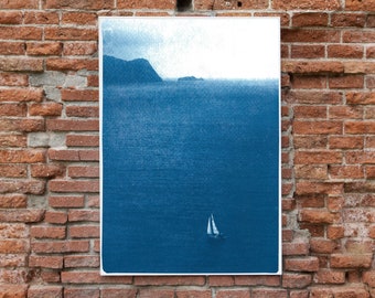 Misty Sailboat Journey / Nautical Cyanotype on Watercolor Paper / Limited Edition