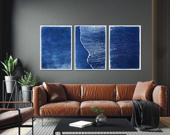 White & Blue Smooth Seascape in Calm Costa Rica Coast, Tropical House Contemporary Art, Multi Panel Beach, Coastal Triptych Cyanotype Print