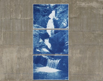 Zen Forest Waterfall / Handmade Cyanotype on Watercolor Paper / Limited Edition