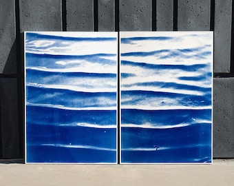 Diptych "Japanese Zen Pond Ripples "/ Handprinted Cyanotype on Watercolor Paper / Limited Edition (only 20) / 100 x 140 cm