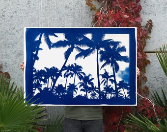 "Acapulco Palm Sunset" with Blue Border/ Hand-Printed Cyanotype on Watercolor Paper / 70x100cm / Limited Edition