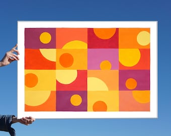 2022, Suprematist Style Horizontal  Painting of Sixteen Sunsets in Warm Tones, Yellow, Orange, Red Tiles on Watercolor Paper
