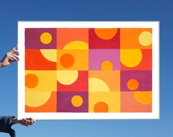 2022, Suprematist Style Horizontal  Painting of Sixteen Sunsets in Warm Tones, Yellow, Orange, Red Tiles on Watercolor Paper