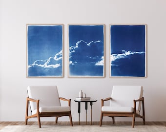 Serene Cloudy Sky, Handmade Cyanotype Triptych on Paper, Limited Edition, Zen Landscape, Gorgeous Clouds, Blue Tones Art, Multi Paneled