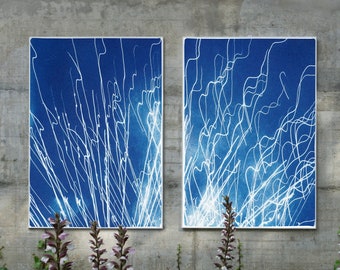 Firework Lights / Cyanotype Diptych on Watercolor Paper / Limited Edition