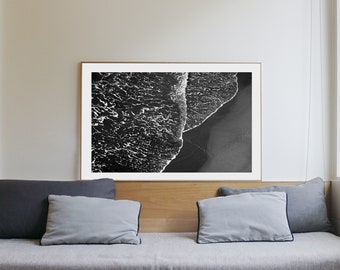 Extra Large Black and White Giclée Print of Pacific Foamy Shoreline, 24x36 in., Limited Edition Seascape in Dark Tones, Zen Landscape