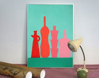 Red Bottles on Green / Acrylic Painting on Watercolor Paper / 2023