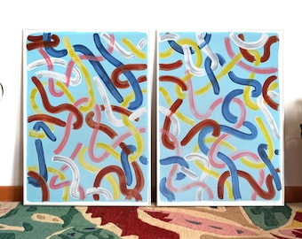 2022, Urban Brushstrokes on Baby Blue, Abstract Expressionist Gestures Diptych, Red, White and Yellow Contours, Watercolor Paper