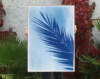 Palm Leaf Over Blue Sky / Cyanotype Print on Watercolor Paper / Limited Edition