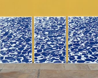 Cyanotype Triptych of Fresh California Pool Patterns, Coastal Living, Contemporary Art, Modern Painting, Feng Shui, California Style