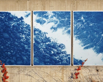 British Pebble Beach / Cyanotype Triptych on Watercolor Paper / 100 x 210 cm / Limited Edition