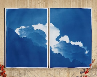 Azure Clouds Diptych / Handmade Cyanotype Diptych