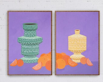 Tribal Pots with Oranges / Acrylic Painting on Watercolor Paper / 2024
