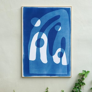 Handmade Cyanotype Print on Watercolor Paper of Mid-Century Modern Shapes in White and Blue, Minimal Style, Rain Over Mountains