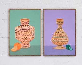 Modern Ceramic Textured Pots / Acrylic Painting and Oil Crayon on Watercolor Paper / 2023