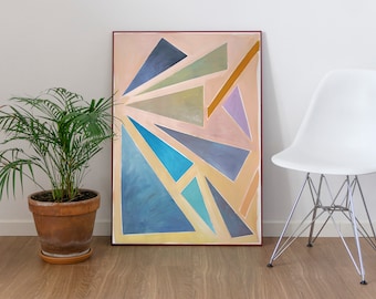 Constructivist Sunset Triangles, Pastel Tones Geometry, Floating Shapes, Vertical Painting, Modern Home, Silver Palette, 2021
