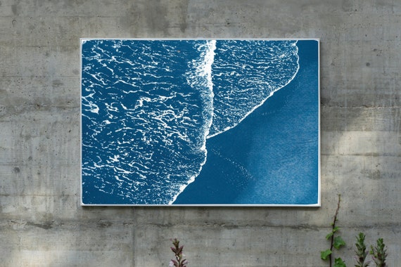 Pacific Foamy Shoreline, Nautical Cyanotype Print on Watercolor Paper, Blue and White, Minimal Seascape, Tranquil Landscape, Waves Print