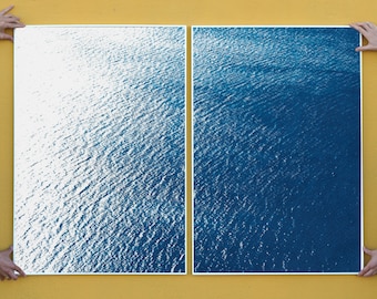 Smooth Bay in the Mediterranean / Classic Blue Diptych Cyanotype on Watercolor Paper / 100x140 cm