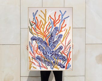 Blue and Orange Corals / Acrylic Painting and Gouache Crayon on Watercolor Paper / 2025