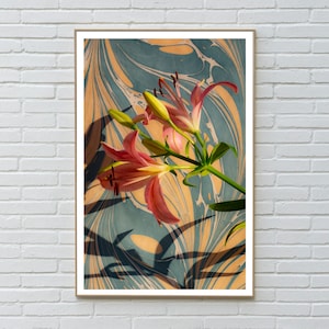 2021, Contemporary Still Life Giclée of Pink Lilies on Marble Swirls, Pastel Tones Palette, Botanical Vertical Print, Modern Flowers Set image 2