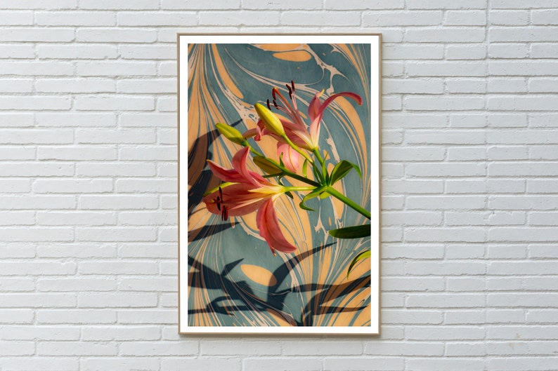 2021, Contemporary Still Life Giclée of Pink Lilies on Marble Swirls, Pastel Tones Palette, Botanical Vertical Print, Modern Flowers Set image 2