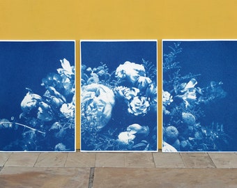 Large Flower Bouquet / Triptych / Handmade Cyanotype on Watercolor Paper / 100 x 210 cm