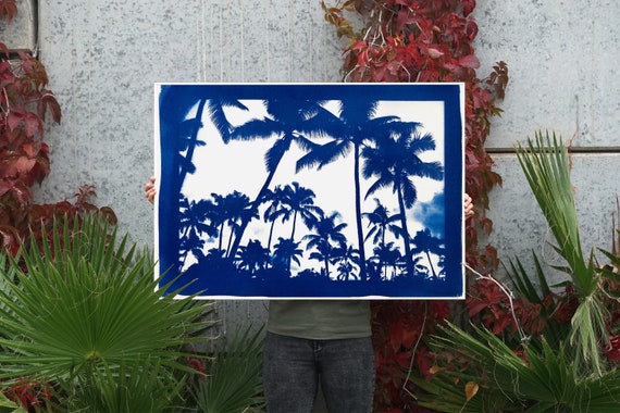 "Acapulco Palm Sunset" with Blue Border/ Hand-Printed Cyanotype on Watercolor Paper / 70x100cm / Limited Edition