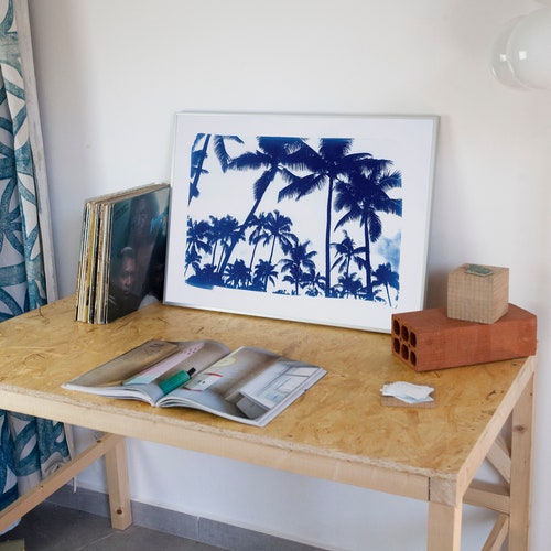 Palm shops Tree Landscape, Hand-Printed Cyanotype, Beach House, Coastal Wall Art, Beach Decor, Palm Leaf, Sunset, Tropical Art, Sun Print 50x70 cm