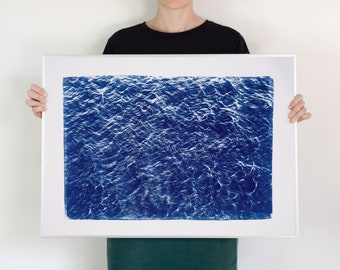 Pacific Ocean Currents, Cyanotype of an Ocean Painting, Ocean Watercolor, Coastal Wall Art, Beach Decor, Waves Print, Beach Art, 50x70 cm