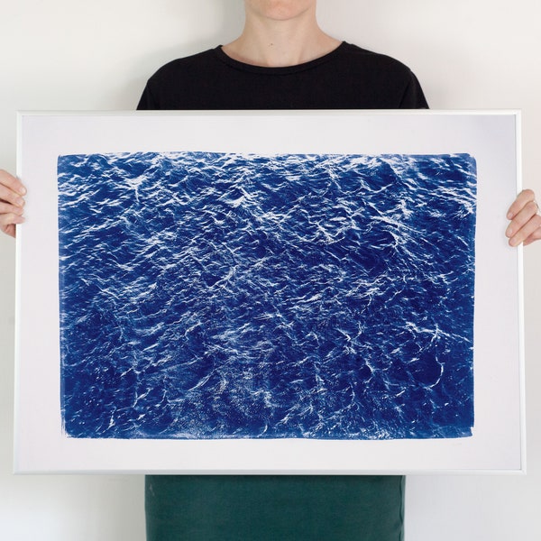 Pacific Ocean Currents, Cyanotype of an Ocean Painting, Ocean Watercolor, Coastal Wall Art, Beach Decor, Waves Print, Beach Art, 50x70 cm