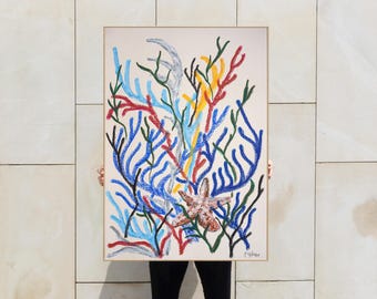 Starfish Among Corals / Gouache Crayon on Watercolor Paper / 2025