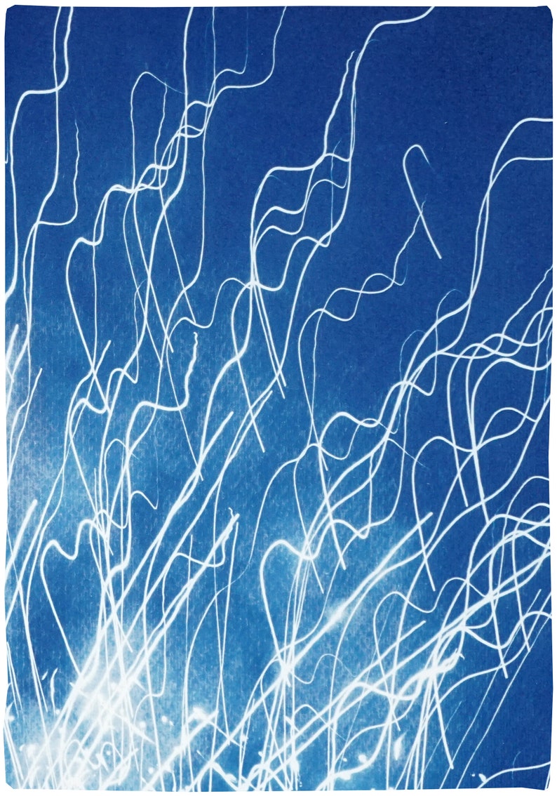 Large Diptych of Firework Lights, Blue and White City Lights, Minimal, Electrical Cyanotype on Watercolor Paper, Handmade, New Year's Eve image 5