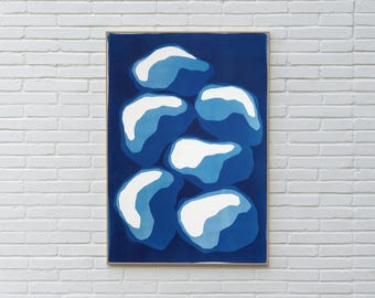 Pile of Stones, Handmade Monotype Cyanotype, Organic Shapes, Geometric Geology, Modern Home Printmaking